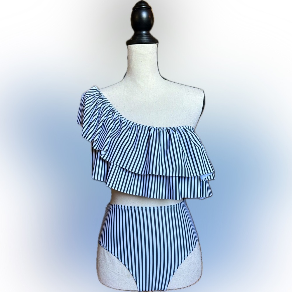 STRIPED RUFFLE ONE SHOULDER HIGH WAISTED BIKINI